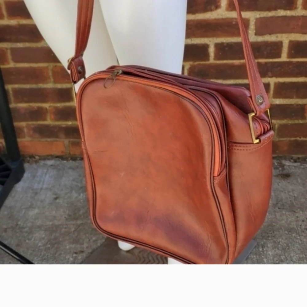 Vintage Jetliner Cognac Brown Leather Crossbody Bag Retro Travel Camera Purse